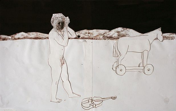 Chuck Bowdish 1959-2022, Boy with Pull Horse & Violin, 2014
ink & gouache, mixed media/ collage, 27" x 17"
CB 364
$2,200