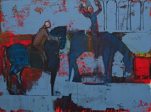 Serhiy Hai - Horses & Riders in Blue and Red Landscape, 2020