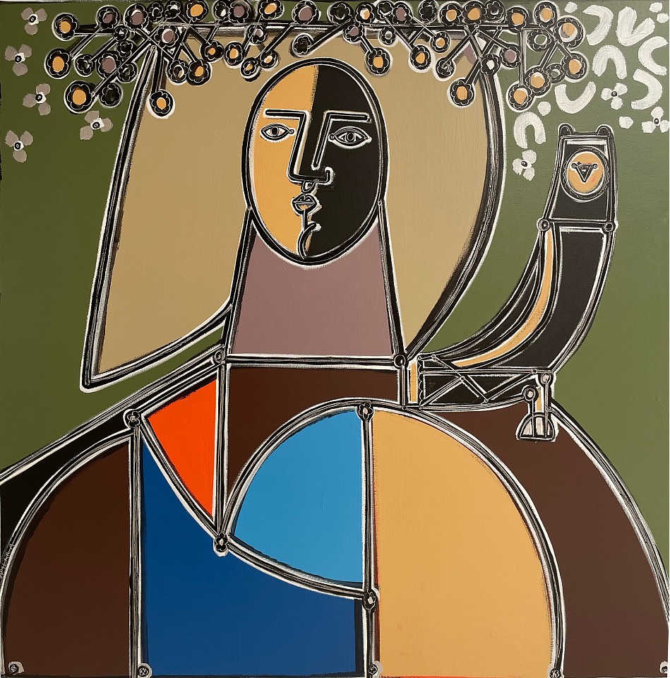 America Martin, Athena in the Woods on Mount Olympus, 2024
Oil and acrylic on canvas, 77"x 77", 79"x 79" framed
America Martin, Los Angeles based artist, contemporary figurative art, colorist Picasso inspired, Bold figures, TEW GAlleries 
ACM 529
Price Upon Request