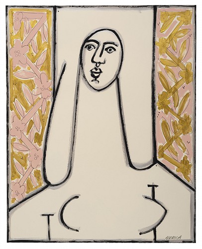 America Martin - Homage to Modigliani with Gold and Pink Petals, 2024