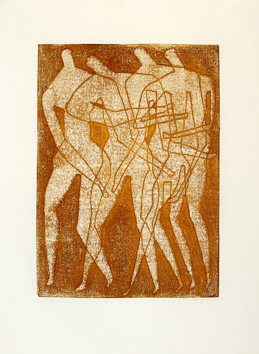 Four gold/ocher Men Walking, 1959