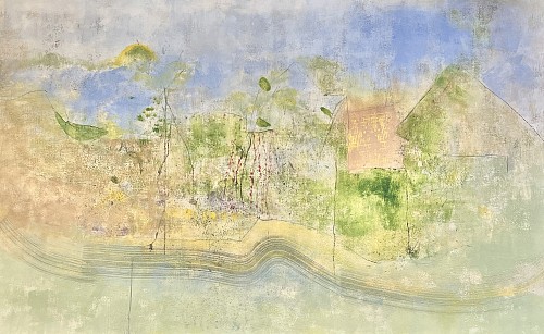 Oil, cold wax medium, India ink on cradled panel, 2025