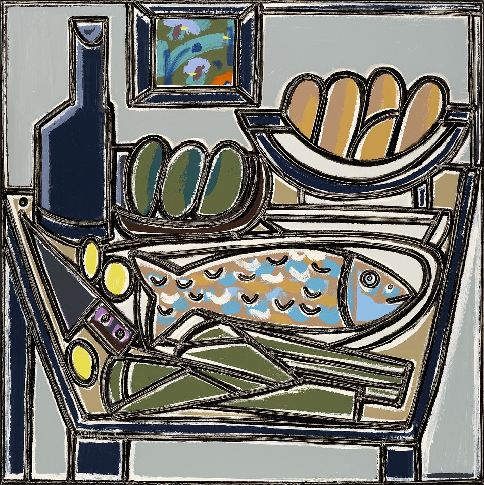 America Martin, Fish, Leaks, Yellow Garlic, 2025
40" x 40", 41.5" x 41.5" framed
Oil & acrylic on canvas
ACM 594
Price Upon Request