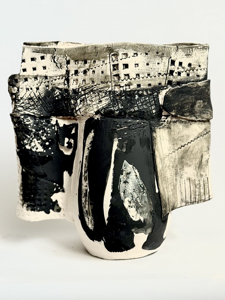 Mary Mackey, Kimono, 2026
12" H X 8.5" W x 4" D
Porcelain clay with black stain, over wax resist.
MY 009
Price Upon Request